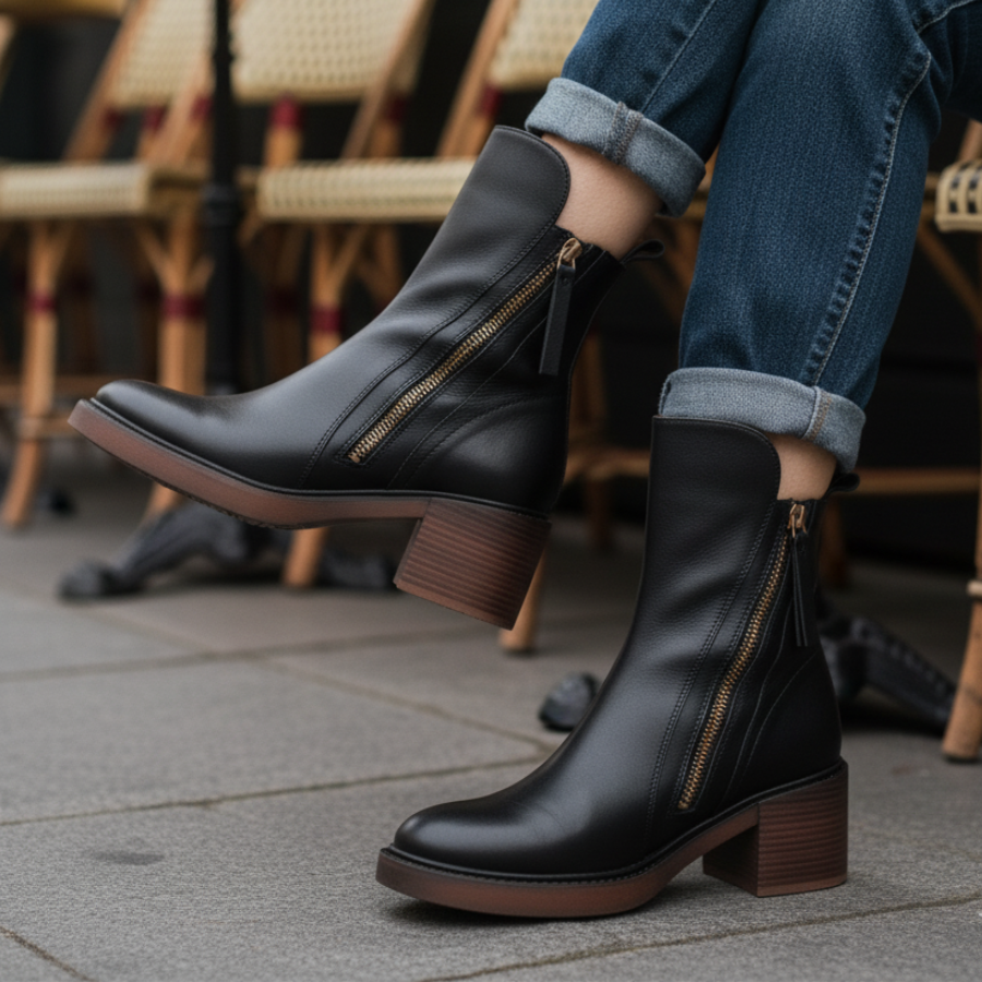 Garciel – Black leather ankle boots with comfortable heels, elegant and timeless
