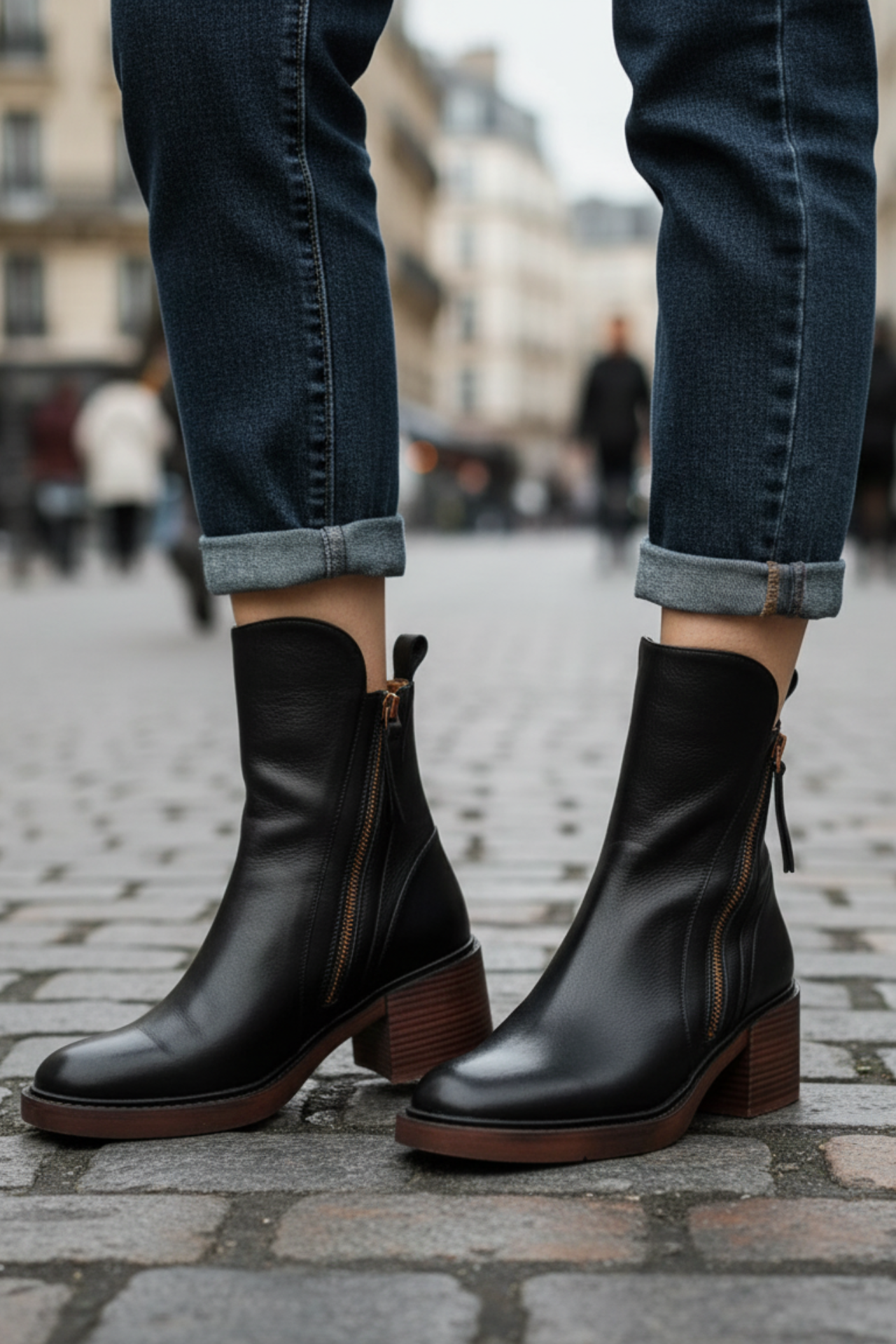 Garciel – Black leather ankle boots with comfortable heels, elegant and timeless