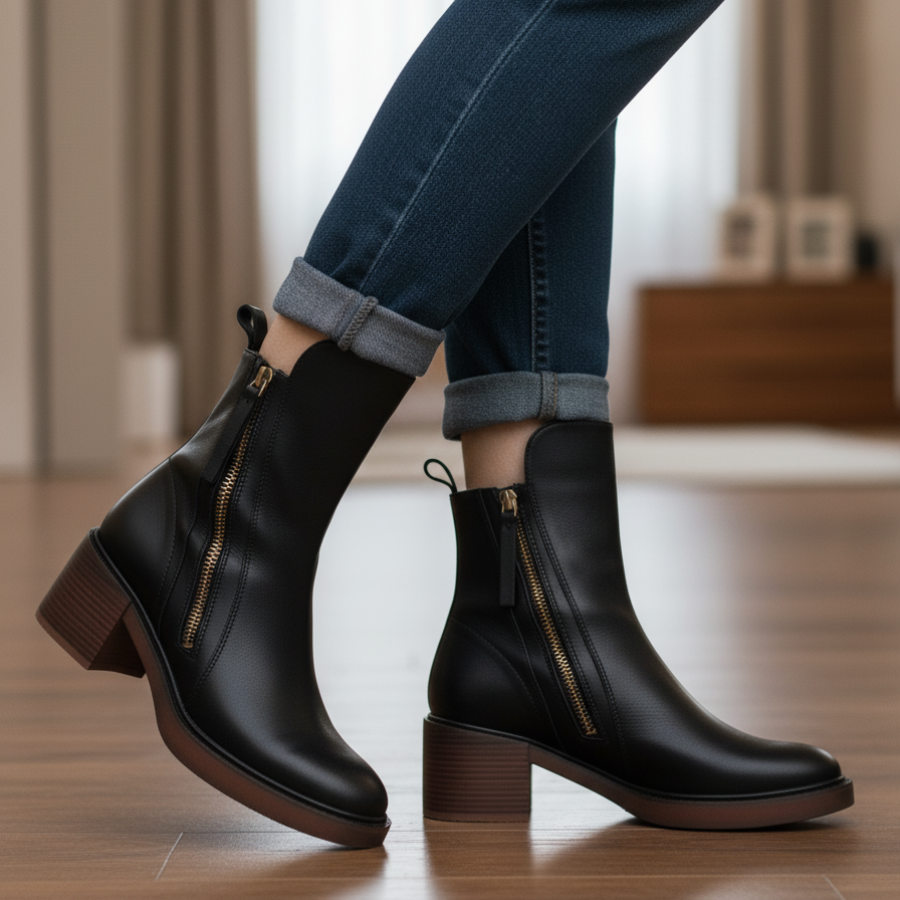 Garciel – Black leather ankle boots with comfortable heels, elegant and timeless