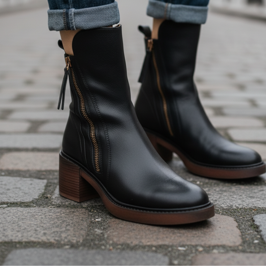 Garciel – Black leather ankle boots with comfortable heels, elegant and timeless